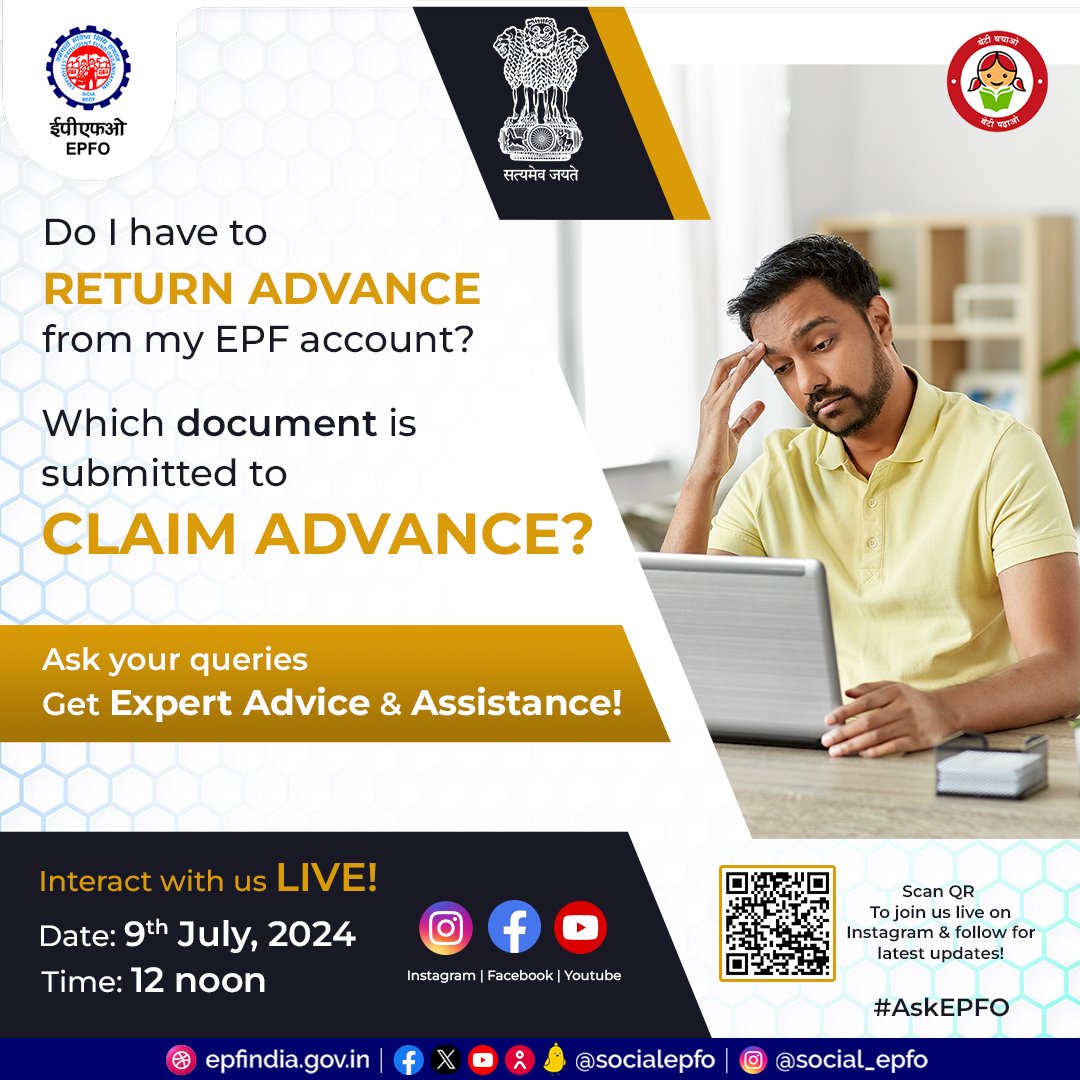 officialepfo's tweet photo. Interact with #EPFO and ask questions related to types of advances, eligibility & process of claiming advance. Click on the link below to follow us on Instagram for live session & latest updates
https://t.co/8aEMIcgGZP
#LiveSession #EPFAdvances #HumHainNaa #EPFOwithYou #AskEPFO https://t.co/GM6LUMmNw4