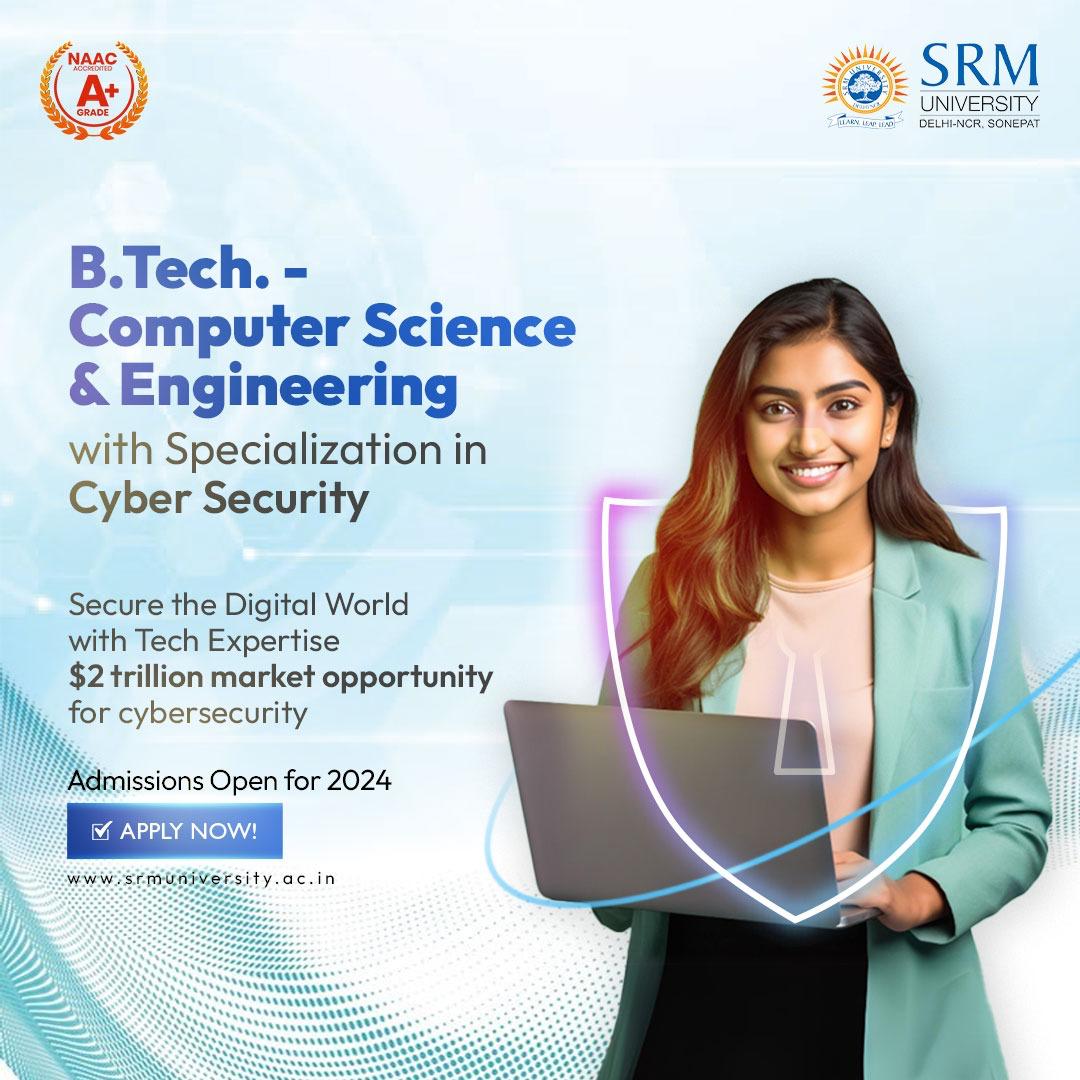 SRMH_University's tweet image. Secure Your Future in the Digital World with SRM University! 

Enroll in our B.Tech. - Computer Science &amp;amp; Engineering program with a Specialization in Cyber Security. 
Admissions Open for 2024
Apply Now 

#srmuniversitysonepat #cybersecurity #techexpertise