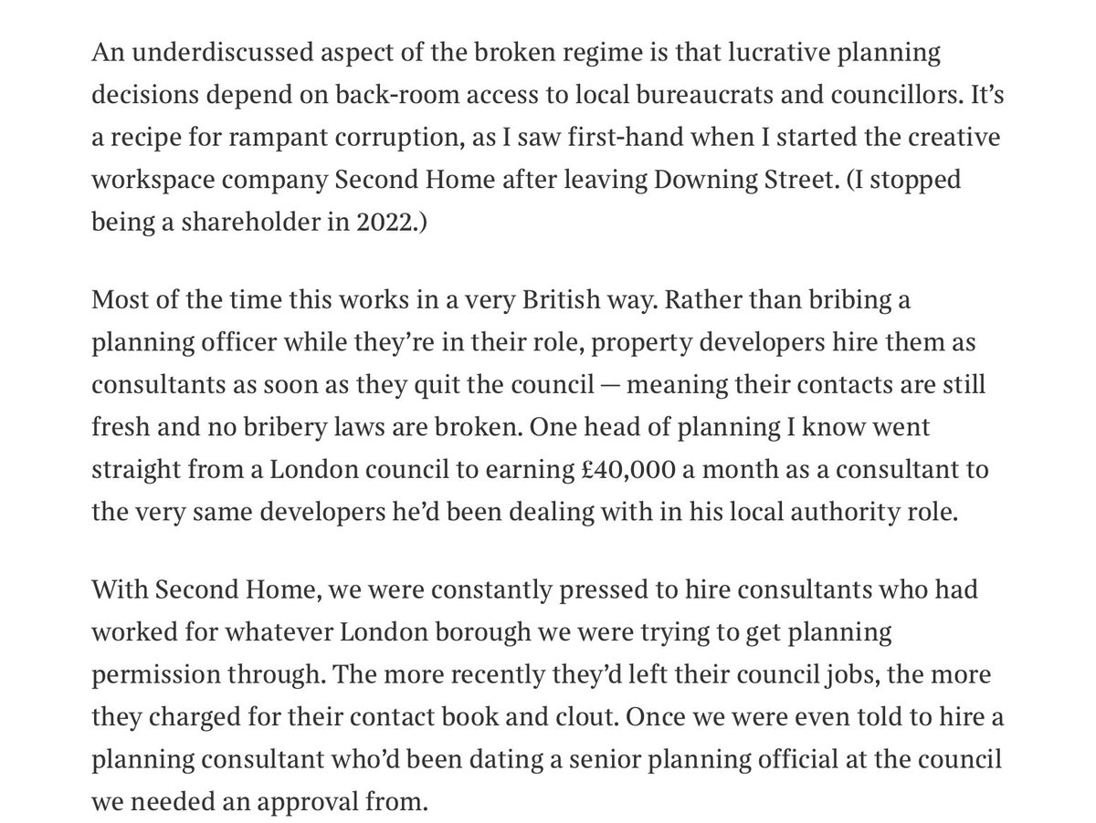 Times (£) Fierce article on planning corruption by former Cameron advisor Rohan Silva. His experience in London rings true. It’s not what you know, it’s who. Planning consultants quietly trade on that knowledge.  thetimes.com/comment/column…