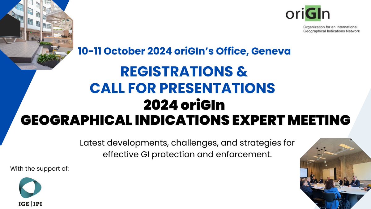 Registrations &amp; call for presentations for our 2024 Expert Meeting on the latest developments and challenges related to GI protection and enforcement are now open.

👉 rb.gy/h4ozcu

🗓️ 10-11 October, Geneva 🇨🇭 #GeographicalIndications🌍