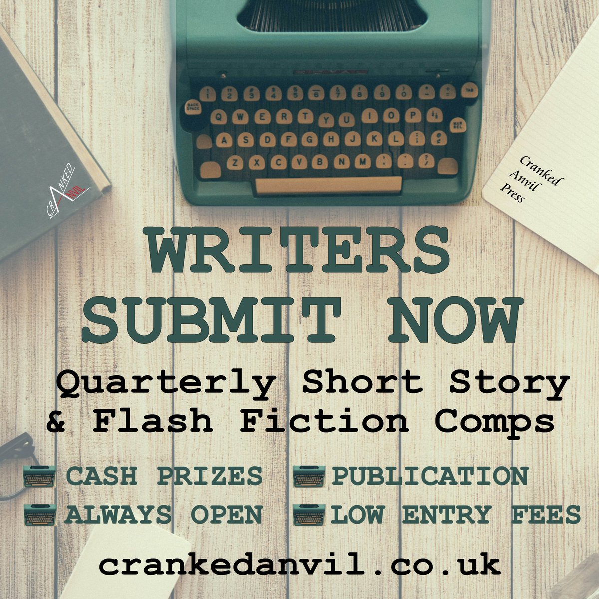#WRITERS our #flashfiction competition is open INTERNATIONALLY all year round.
crankedanvil.co.uk/flashcomp/

~ Cash prizes
~ Low entry fees
~ Publication online &amp; future print anthologies
~ Any theme/genre

SPREAD THE WORD!
#WritingCommunity #amwriting #shortstory #writersoftwitter