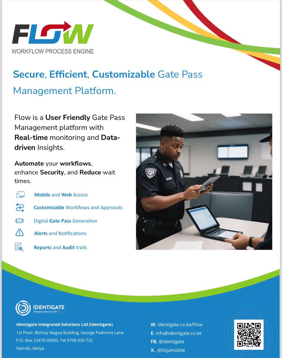 SojaMobile's tweet image. Looking for a secure, customizable, user-friendly gate pass management platform with real-time monitoring? Schedule a live demo of Flow today! Contact info@identigate.co.ke or +254798335732. Visit 👉🏽 identigate.co.ke/flow/

#SecuritySoftware #RealTimeMonitoring #FlowPlatform