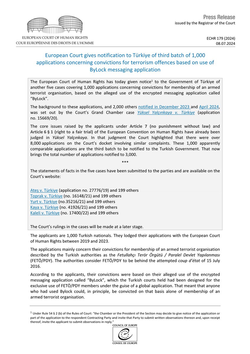 European Court notifies third batch of 1000 applications to Turkish Government concerning convictions for terrorism offences based on use of Bylock
hudoc.echr.coe.int/app/conversion…
#ECHR #CEDH #ECHRpress