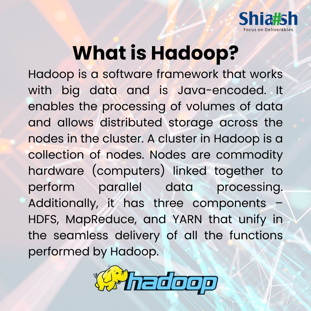 ShiashInfo's tweet image. What is Hadoop?
#shaishinfosolutions #hadoopframework #java #framework #Hadoop #JavaEncoded #BigData #MapReduce #HDFS #YARN