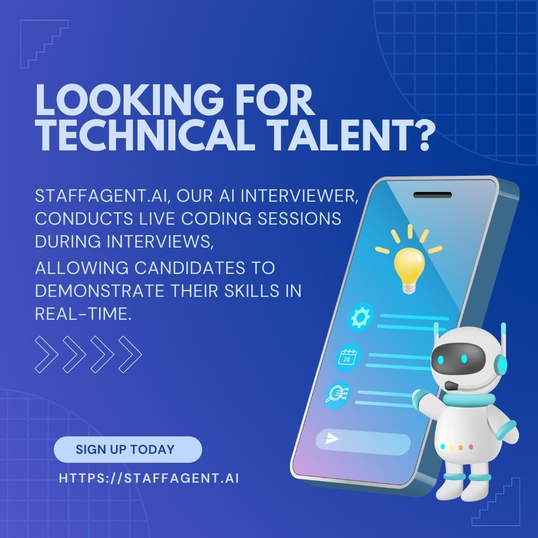 Elevate your hiring process with STAFFAGENT.AI! 

Our AI INTERVIEWER allows candidates to demonstrate their coding skills in real-time. 

Learn more at staffagent.ai
#TechTalent #AIInterviewer #LiveCoding