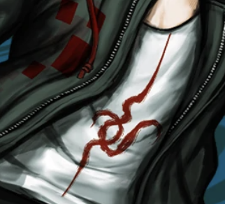hinak0mat0se's tweet photo. ive always wondered what the synmol on nagitos shirt meant...maybe it was a way of foreshadowing his death? something along the lines of "X marks the spot". its ironic that the spear fell right in the center too...was that luck too? https://t.co/FarHPke6ET