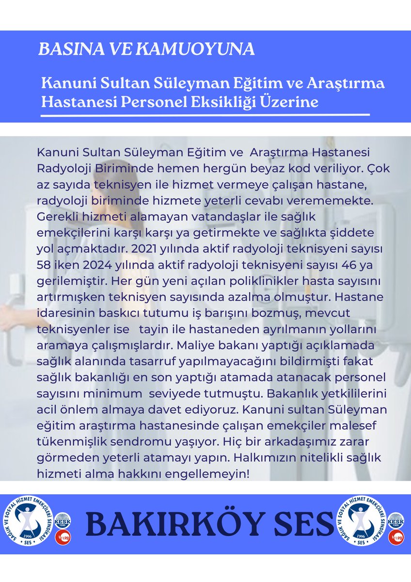 Kanuni Sultan Süleyman Eğitim ve  Araştırma Hastanesi Radyoloji Biriminde hemen hergün beyaz kod veriliyor. 

<a href="/sesgenelmerkezi/">SES Genel Merkezi</a>
<a href="/saglikbakanligi/">T.C. Sağlık Bakanlığı</a> 
<a href="/drmemisoglu/">Prof. Dr. Kemal Memişoğlu</a> 
<a href="/ismgovtr/">İstanbul İl Sağlık Müdürlüğü</a>