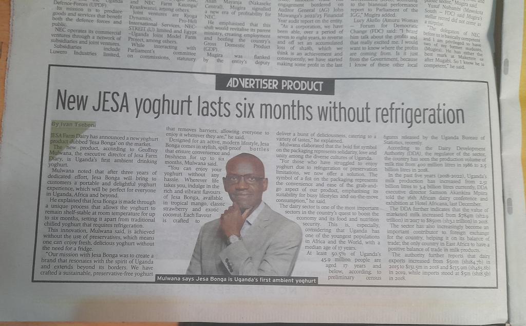 MAGEZIKIRIINJJU's tweet photo. Local investor @jesadairy introduces #JesaBonga, Uganda's first ambient drinking yogurt. This means the yogurt lasts six months at room temperature, without need for refrigeration. @newvisionwire @GCICMediaReview @MAAIF_Uganda @UNBSug https://t.co/wX5FsXtB99