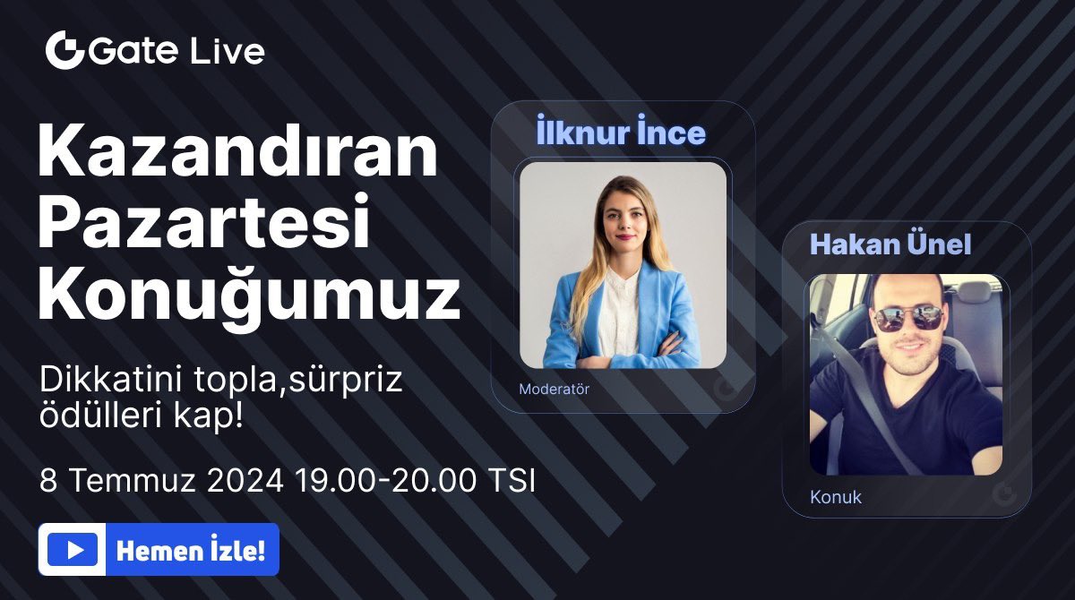 Gate Türkçe (@gate_turkce) on Twitter photo 📣 Kazandıran Pazartesi’de bugün @iilknurince ve <a href="/HakanUnel59/">Hakan Ünel</a> ile #GateLive'dayız.
⏰ Bugün, Saat 19:00-20:00
Bu yayını kaçırmayın! 😎 📣 Kazandıran Pazartesi’de bugün @iilknurince ve <a href="/HakanUnel59/">Hakan Ünel</a> ile #GateLive'dayız.
⏰ Bugün, Saat 19:00-20:00
Bu yayını kaçırmayın! 😎