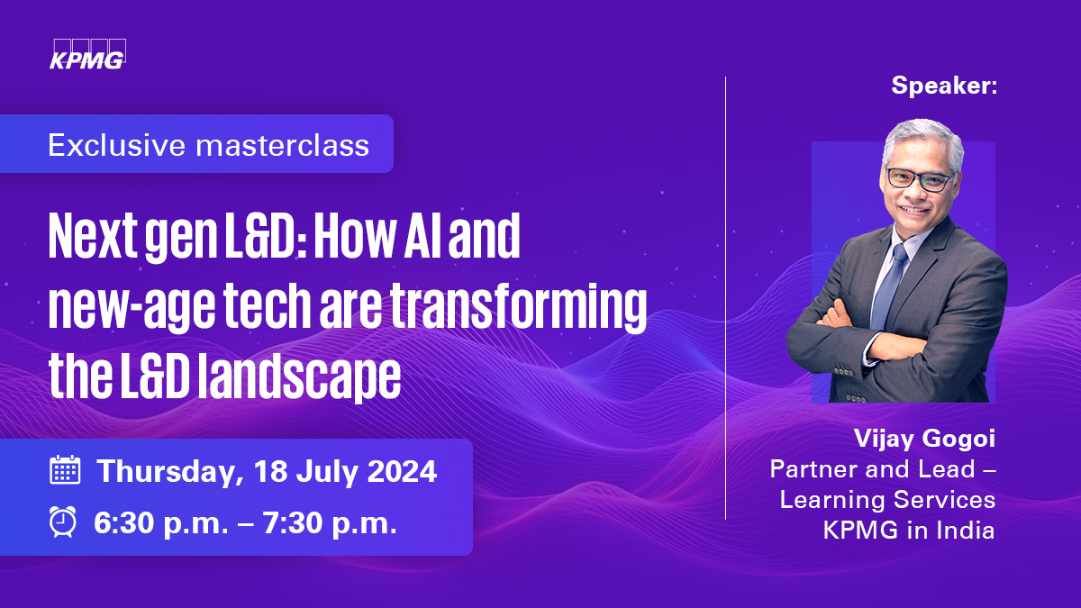 KPMGIndia's tweet image. Join us for an exclusive masterclass where @VijayGogoi, @KPMGIndia will delve into four key areas where #AI and #moderntechnology are transforming #learningdesign and delivery. Register now social.kpmg/h803fr | #learning #development

🗓️ 18 July 2024
🕡 6:30 p.m. - 7:30 p.m.