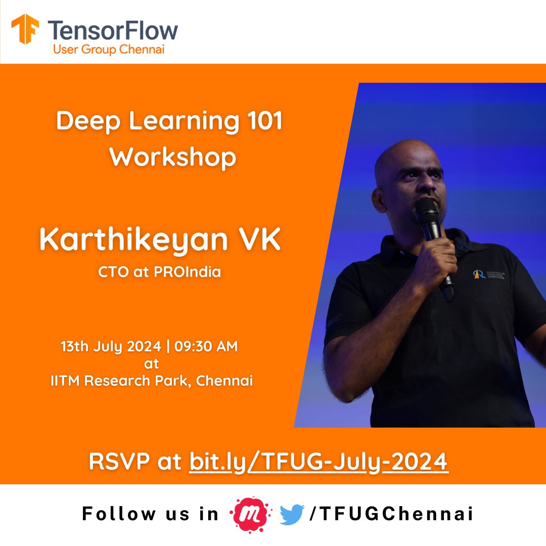 AI Practitioners Chennai (@aichennaii) on Twitter photo Hello all,
Join us in our upcoming TFUG Chennai meetup on 13th July, 2024 at IITM Research Park.
It’s going to be a day long hands-on workshop on Deep learning with CNN which will be facilitated by <a href="/karthik3030/">karthikeyan VK | MVP</a>
link : lnkd.in/gAHqEkYD
<a href="/GoogleDevsIN/">Google for Developers India</a> <a href="/prasadseth/">Prasad Seth</a> Hello all,
Join us in our upcoming TFUG Chennai meetup on 13th July, 2024 at IITM Research Park.
It’s going to be a day long hands-on workshop on Deep learning with CNN which will be facilitated by <a href="/karthik3030/">karthikeyan VK | MVP</a>
link : lnkd.in/gAHqEkYD
<a href="/GoogleDevsIN/">Google for Developers India</a> <a href="/prasadseth/">Prasad Seth</a>