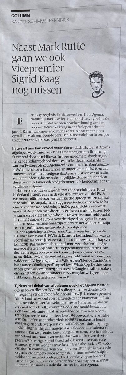 Niet alleen Mark Rutte, maar ook Sigrid #Kaag gaan we nog missen aldus Sander Schimmelpenninck vandaag in de Volkskrant. Om verder Fleur #Agema onder de loep te nemen.