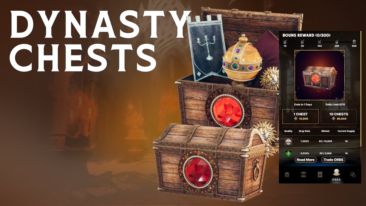 Craft and collect Orbs is the first phase of Gamedrop 3!

Use Renown to purchase Dynasty Chests and aim for the rare Mythic Orb! 📦✨

#ForgeYourDynasty