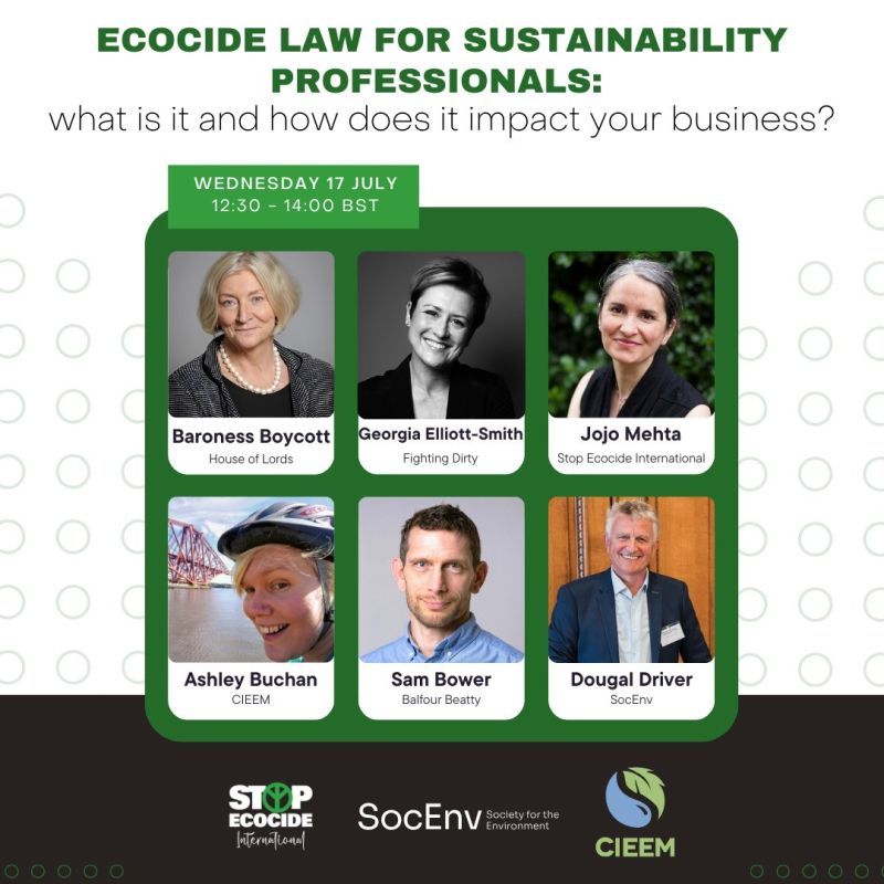 🌎 📢Join the upcoming Ecocide Law for Sustainability Professionals webinar 👉 buff.ly/4blYtfy 
📆 Wednesday 17 July 🕦 1230 - 1400 BST 
🚨Join the webinar to learn more about #ecocidelaw creating environmental responsibility and accountability for business.

#CPD