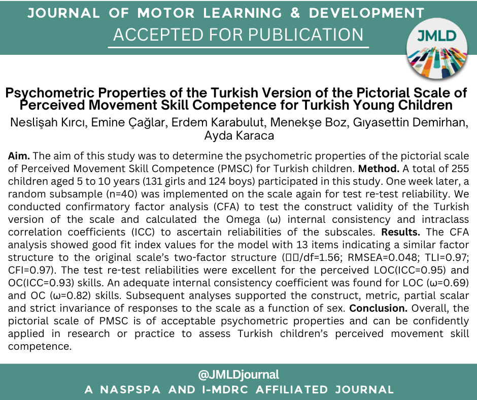 Journal of Motor Learning & Development (@jmldjournal) on Twitter photo New accepted paper by <a href="/iamnesliii/">Neslişah Yaren Kırcı</a> from Hacettepe University 🇹🇷, with <a href="/EmineDoluCaglar/">Emine Dolu Çağlar</a>, E. Karabulut, M. Boz, G. Demirhan, A. Karaca, who found that the pictorial scale of Perceived Movement Skill Competence has acceptable psychonomic properties for research with Turkish children New accepted paper by <a href="/iamnesliii/">Neslişah Yaren Kırcı</a> from Hacettepe University 🇹🇷, with <a href="/EmineDoluCaglar/">Emine Dolu Çağlar</a>, E. Karabulut, M. Boz, G. Demirhan, A. Karaca, who found that the pictorial scale of Perceived Movement Skill Competence has acceptable psychonomic properties for research with Turkish children