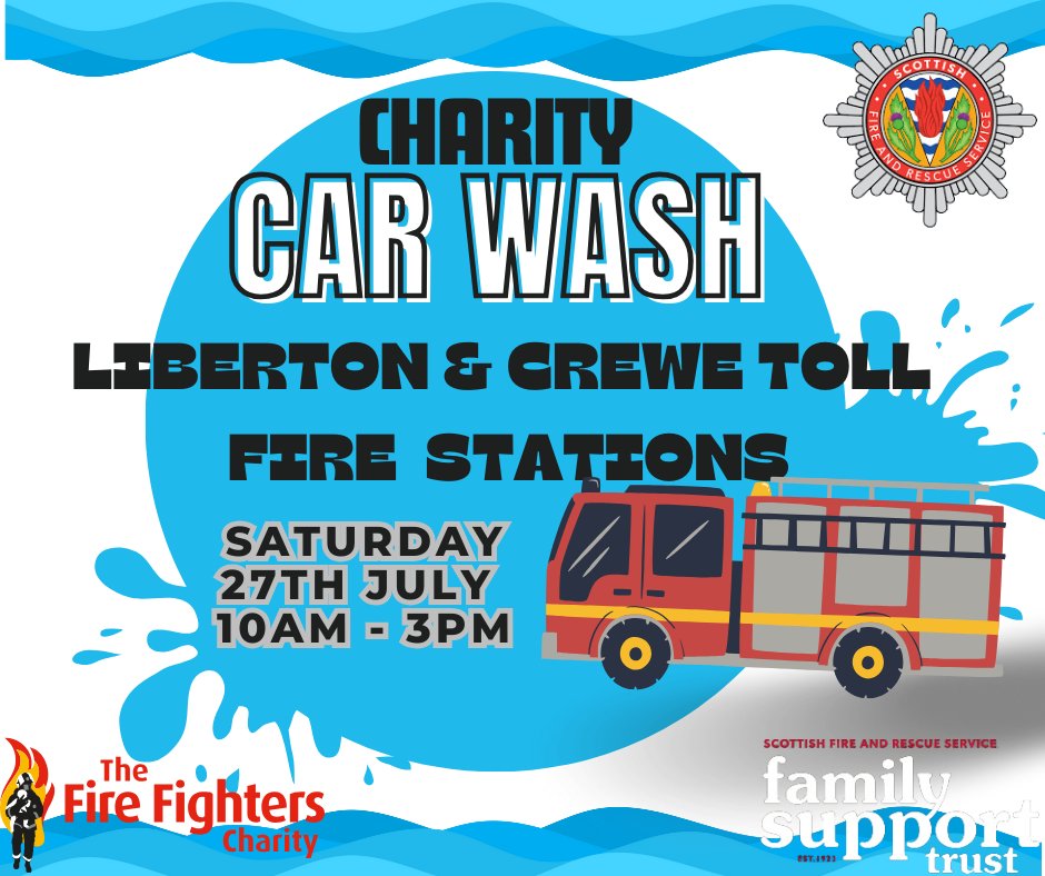 💦🚗🧽 CHARITY CAR WASH 🧽🚗💦

Save the date..

Crewe Toll &amp; Liberton Fire Stations are holding Charity Car washes on the 27th July from 10am until 3pm!

Both stations are raising funds for <a href="/firefighters999/">Fire Fighters Charity</a> and the <a href="/sfrs_fst/">SFRS Family Support Trust</a> 

Thanks to <a href="/autoglym/">Autoglym</a> for supplying the bubbles! 🫧