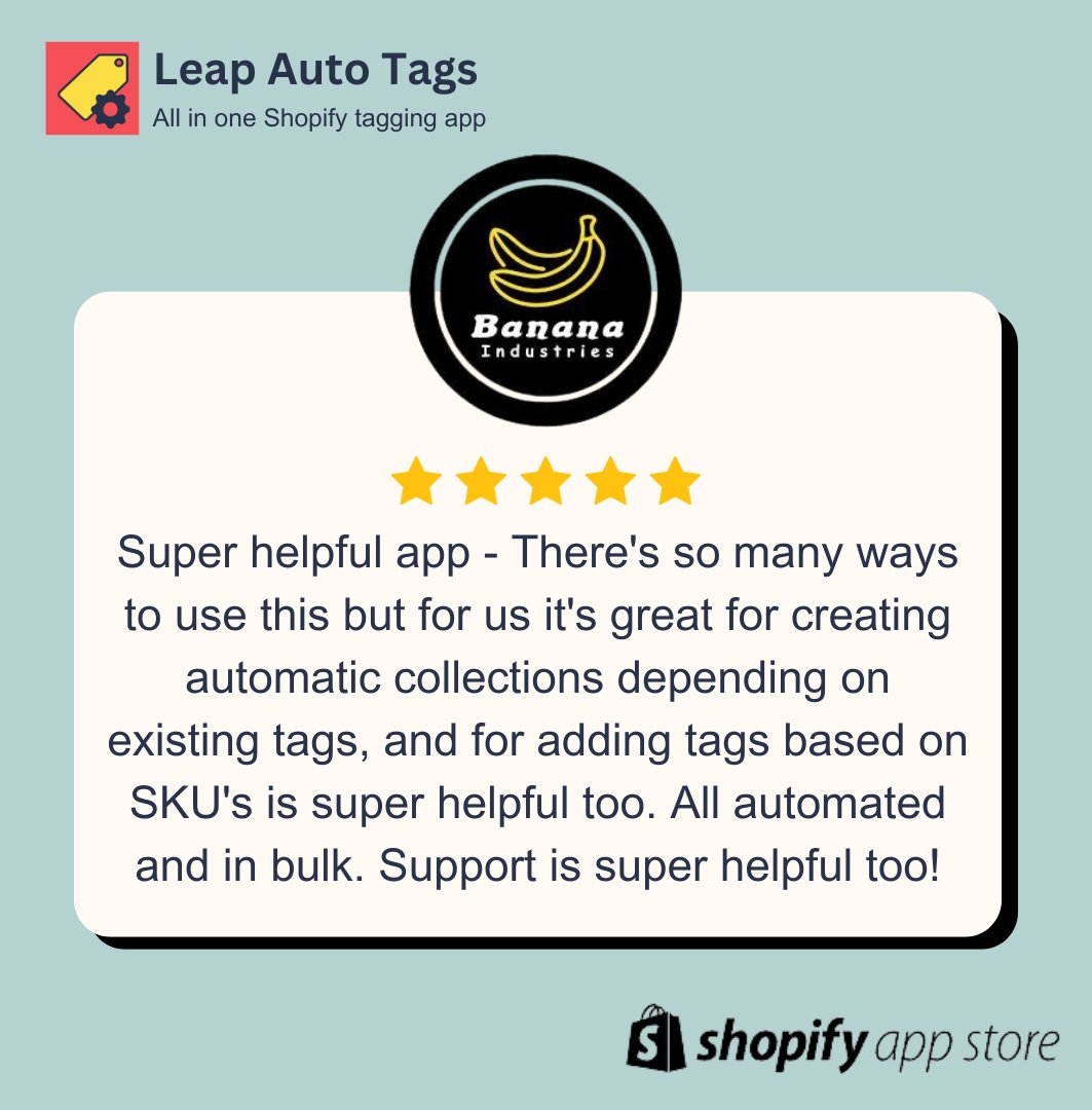 LeapAutoTags's tweet photo. 🌟5-Star Review from Banana Industries🌟

Thrilled to hear how Leap Auto Tags streamlined their product tagging and boosted their Shopify store! Thank you for the glowing feedback🚀

#CustomerSuccess #5StarReview #LeapAutoTags #ShopifySuccess #EcommerceInnovation #ShopifyTagging https://t.co/1qXpiEcIC1