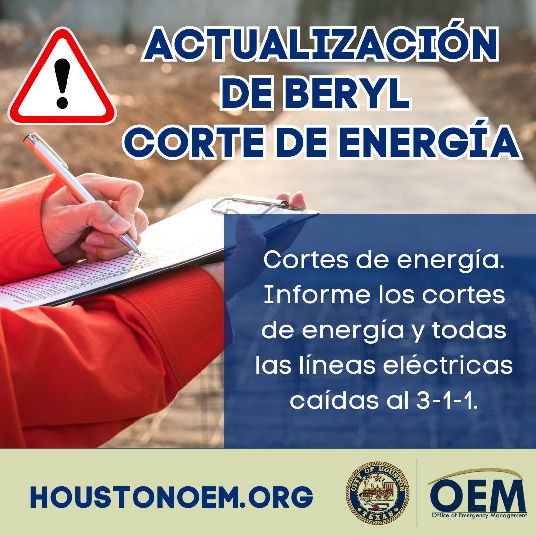 HoustonOEM's tweet image. Corte de energía: CenterPoint Energy informa cortes de energía generalizados. Informe los cortes de energía y todas las líneas eléctricas caídas al 3-1-1. #HuracánBeryl