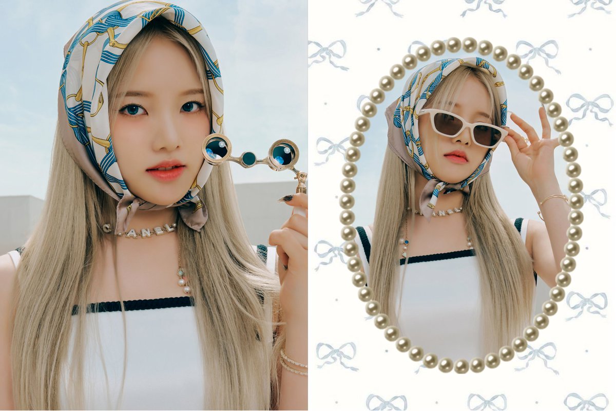 Resembling a Barbie doll sitting gracefully, her face radiates beauty. Her blonde hair is fitly wrapped in a scarf, perfectly complemented by the blue sky background and the faint cloud ornaments. The Lights version concept truly enhances her stunning appearance. 𖹭 · ꔛ