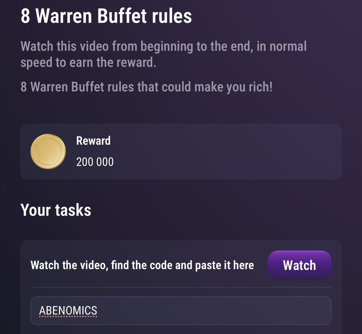 ‼️ New Task on Tapswap with secret cracked code ‼️

- 8 Warren buffet rules 
✅ (ABENOMICS ) ✅

Retweet for others to see if you want more secret code ❤️
#tapswap #Tapswapcode
#tapswapstream #hamster_kombat