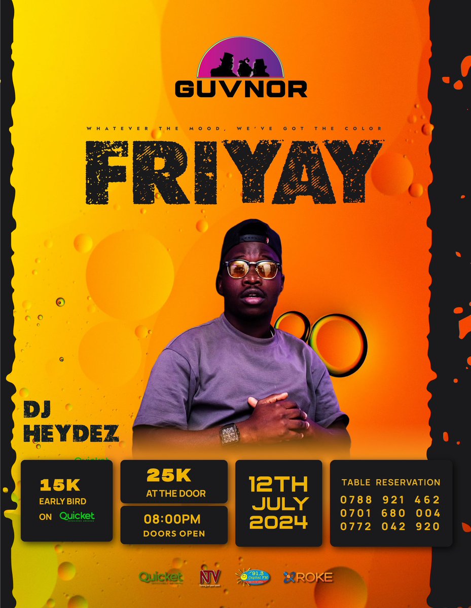 GuvnorUganda's tweet photo. Who's ready for Guvnor Friyay this Friday?!
We've got an epic lineup featuring the talented @Deejay_Bryan , @DjNyowe , @djbugy & @djheydez! Don't miss out on the fun! Get ready to dance the night away! #GuvnorFriyay #Navio #TheMith #TheAKADopeBand https://t.co/bD7WuJBl02