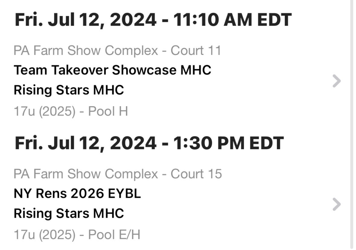 Schedule for Made Hoops Summer Live 1 playing with Rising Stars MHC