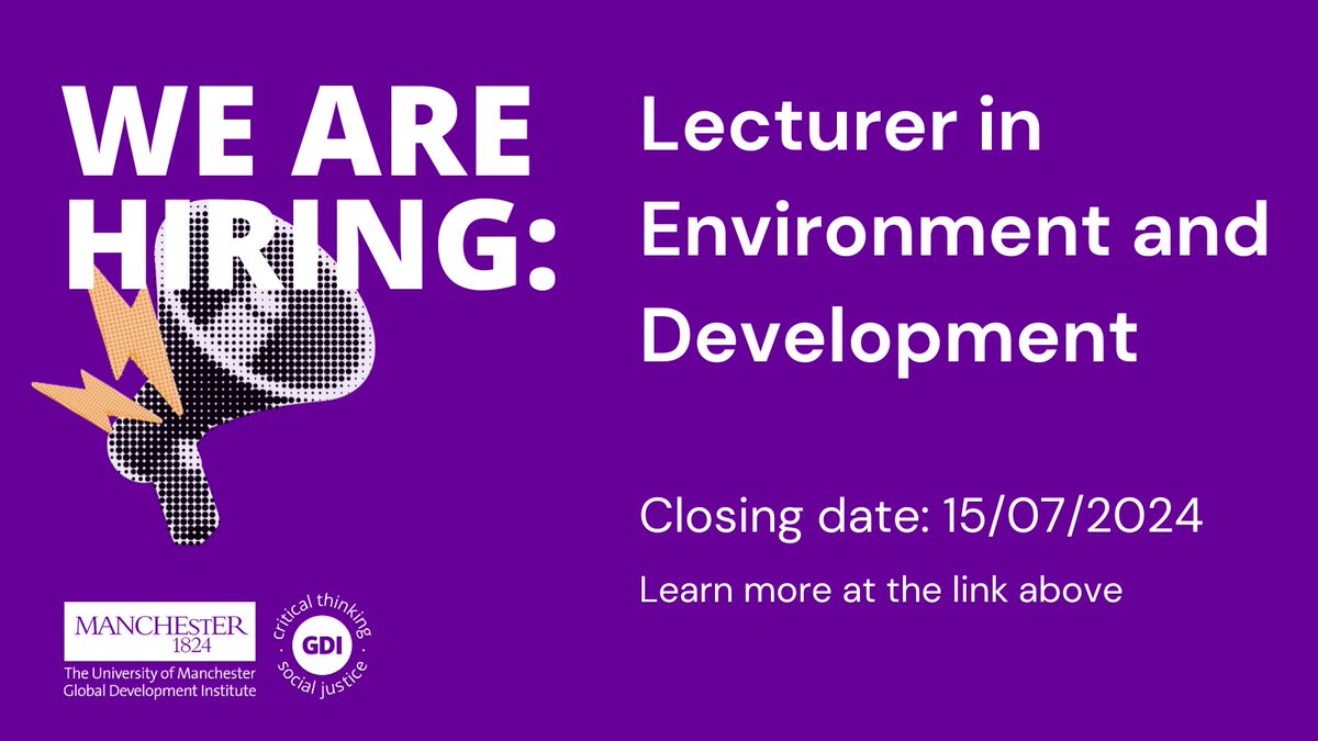 We have a new opportunity for someone to join us as a Lecturer in Environment and Development at GDI.

Applications for this position are open until 15/07.
More info can be found here: jobs.manchester.ac.uk/Job/JobDetail?…