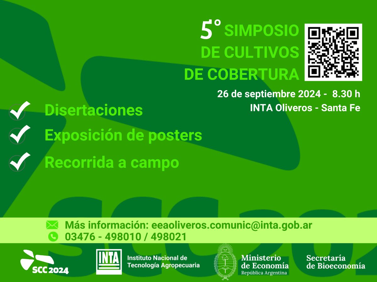 #AgendaINTA 

¡COMENZÒ LA CUENTA REGRESIVA PARA EL 5º SIMPOSIO DE CULTIVOS DE COBERTURA!

¿Cuando?: 26 de septiembre 2024  a las 8.30 h en INTA Oliveros (maps.app.goo.gl/touuk8kSmGcasE…)

Inscripción en: forms.gle/qMV7qEESSkjyBd…

Más información:
eeaoliveros.comunic@inta.gob.ar