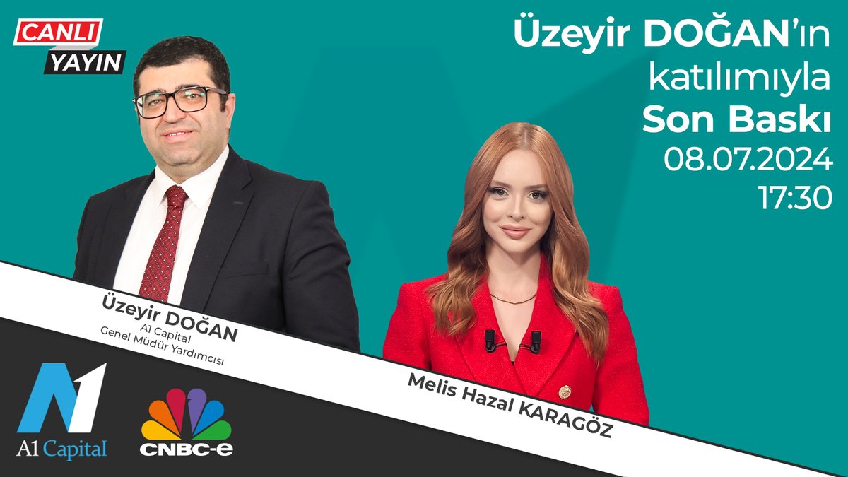 📈Finans dünyasının nabzını tutmaya devam ediyoruz!📉

A1 Capital Genel Müdür Yardımcımız <a href="/uzeyir_dogan/">ÜZEYİR DOĞAN</a>, <a href="/melishazalkrgz/">Melis Hazal K.</a> 'ün sunduğu Son Baskı programında, para ve sermaye piyasaları ile ilgili son gelişmeleri değerlendirecek.

🗓 8 Temmuz
🕑 17:30
📺 <a href="/cnbceofficial/">CNBC-e</a>
