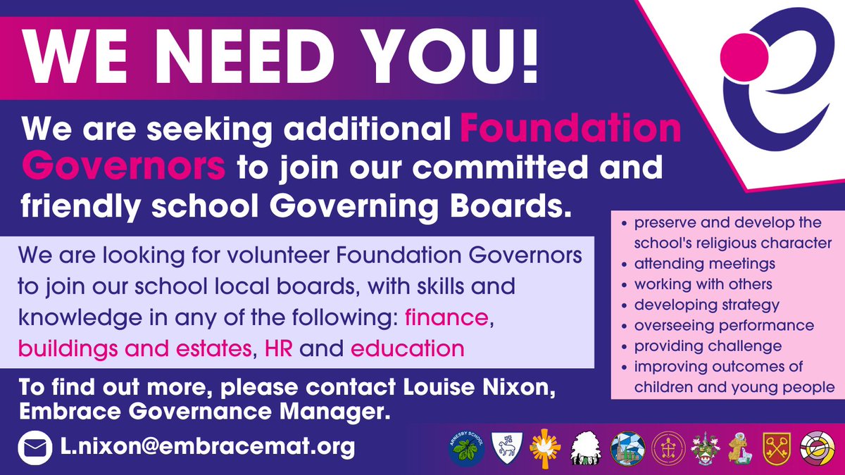 📢 We are seeking #volunteer Foundation #Governors to join our Local Governing Boards and aid to preserve and develop our school's religious character. 

To find out more, please contact our Governance Manager 👇