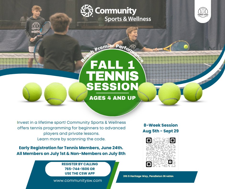 Registration is open for everyone for the Fall 1 Tennis session!
Don't Wait! Fall sessions usually fill completely!
For more information, call 765-744-1606 or go to communitysw.com