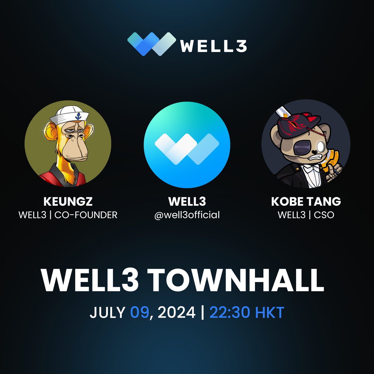 To our WELL3 Community,

We invite you to a live Townhall Space hosted on our official WELL3 account tomorrow night. Our Co-Founder, <a href="/keung/">Keungz</a>, and our Chief Strategy Officer, <a href="/KobeBweeef3/">Kobe | Metrics</a>, will be joining together to discuss important updates, answer your questions, and share