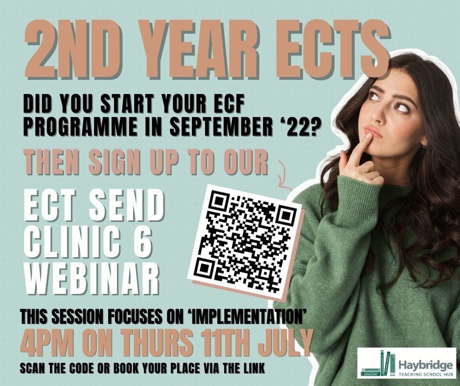 September 2022 #ECT starters - make sure you sign up to this TEAMS meeting happening later this week - ECT #SEND Clinic 6.
Scan the QR code or click the link to book your place.
eu1.hubs.ly/H0b3Bhb0
#haybridgetsh #sandwell #dudley #teach #ecf