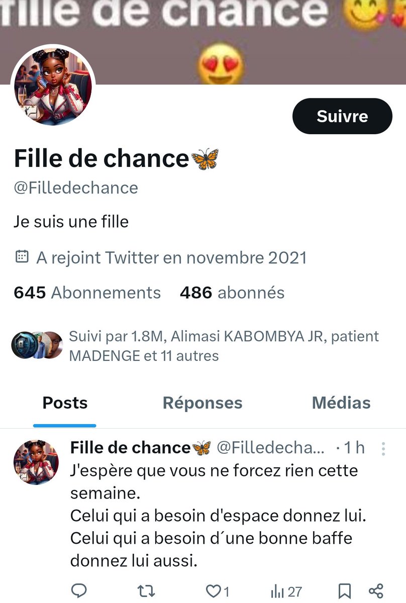 Désabonnez-vous à ce faux @Filledechance qui change de nom chaque à chaque instant pour éviter d'être arnaquer, ce compte est utilisé par un homme. <a href="/EmMerveille/">Merveille em's</a> <a href="/drackNgoy4/">Chadrack-PLISTO NGOY ⚖️🦅</a> <a href="/jimanel/">Coach Jimanel LWIGULIRA</a> <a href="/liliane_tshiama/">𝕋𝕊ℍ𝕀🫶🏽𝕄𝔸</a> <a href="/leParrainRDC/">𝐥𝐞 𝐏𝐚𝐫𝐫𝐚𝐢𝐧</a> <a href="/central_sage/">ᏟᎬᏁᎢᏒᎪᏞ👑🇨🇩</a> <a href="/kakese_leon/">Leon KAKESE</a> @Receveur_X <a href="/MuadiLaeticia/">Laetitia Muadi</a>