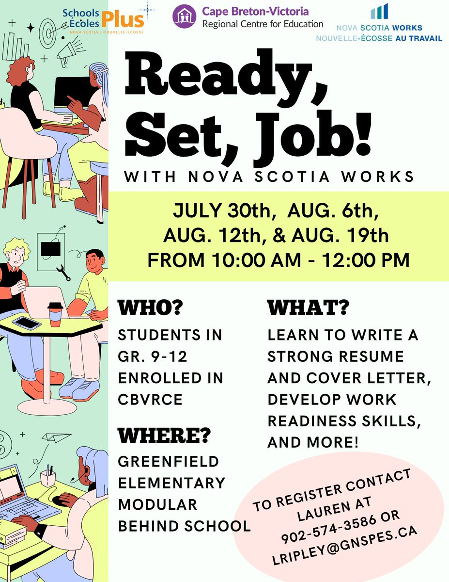 YMCANSWCB's tweet photo. SchoolsPlus New Waterford is partnering with Ashley Burns from Nova Scotia Works to offer a FREE 4-week job readiness program for students on July 30th, August 6th, August 12th, and August 19th from 10:00 am - 12:00 pm! 📷

See the poster for additional details 📷 https://t.co/TnlvuUto61