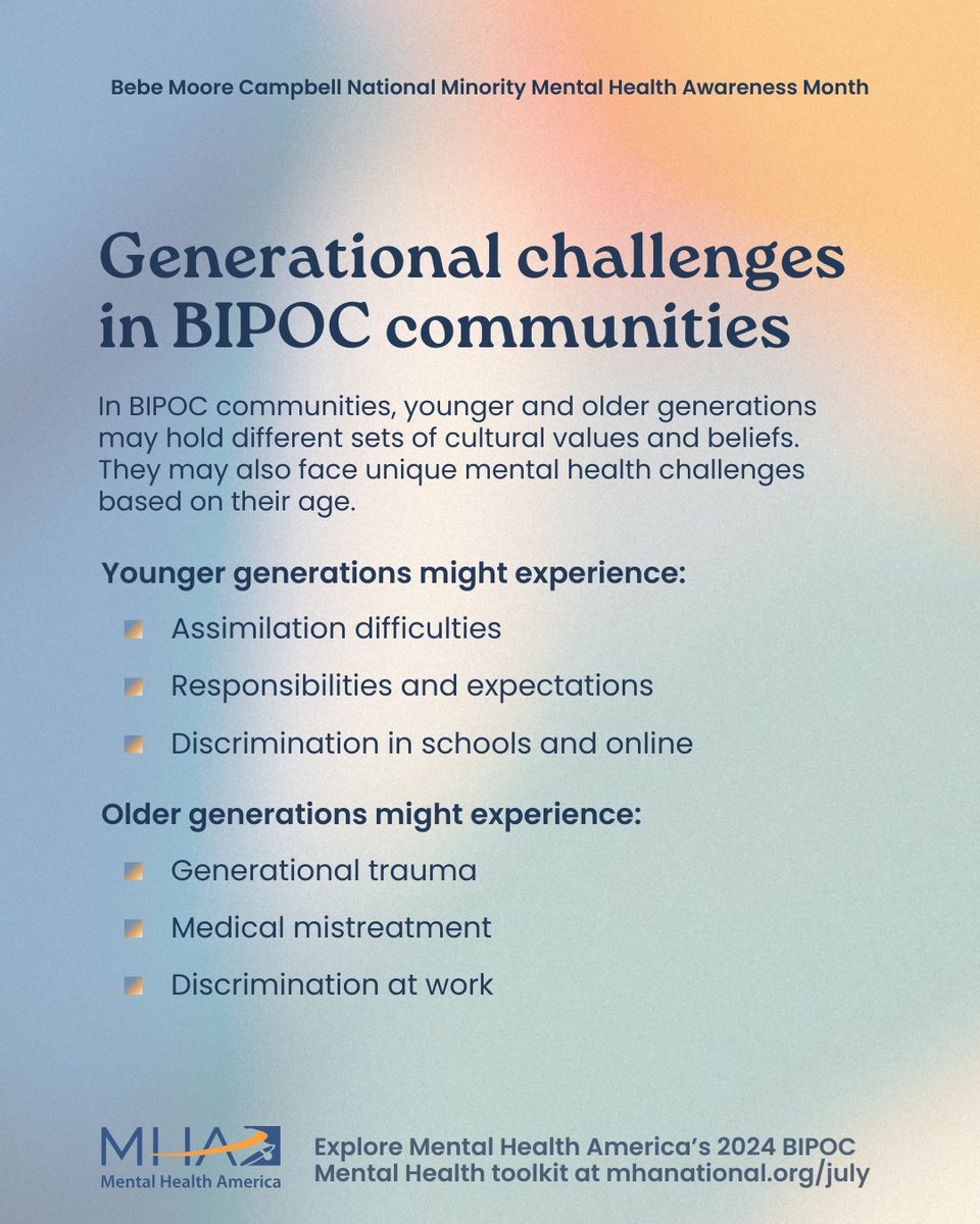 Generational challenges in BIPOC communities deeply impact mental health, often creating barriers to seeking help. It's crucial to address these unique struggles and support mental wellness across generations. Learn more at mhanational.org/bipoc/mental-h… 💚