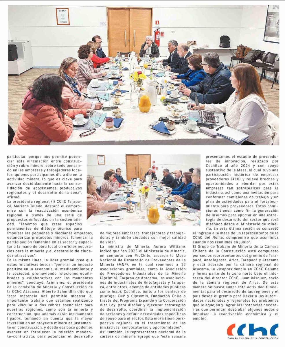 Importante trabajo que está el realizando Grupo de Trabajo Minería Zona Norte, que integran <a href="/CChCArica/">CChC Arica</a>, <a href="/CChC_Tarapaca/">CChC Tarapacá</a>, <a href="/CChCAntofagasta/">CChC Antofagasta</a>, <a href="/CChCCalama/">CChC Calama</a> y CChC #Atacama, fue presentado a Ministra de Minería, Aurora Williams, con el objetivo de fortalecer desarrollo productivo local