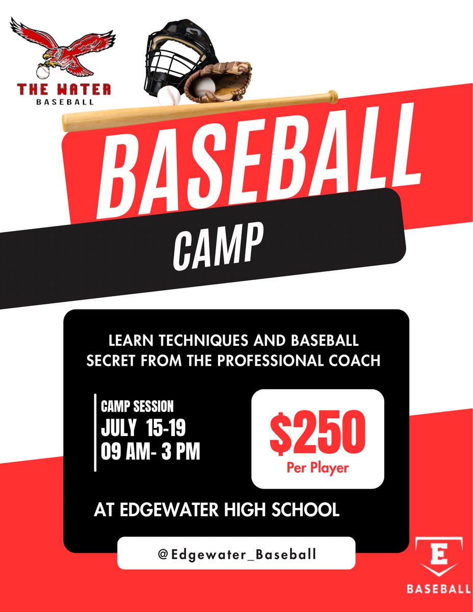 Edgewater Baseball (@edgewaterbase) on Twitter photo Reminder that in ONE WEEK we will kick off our July summer baseball camp!!!! We have lowered the cost for our session, and will do a Buy one, get the second player 50% off!!! If you have questions or would like to sign up please feel free to email coach A Spencer.Angelis@ocps.net Reminder that in ONE WEEK we will kick off our July summer baseball camp!!!! We have lowered the cost for our session, and will do a Buy one, get the second player 50% off!!! If you have questions or would like to sign up please feel free to email coach A Spencer.Angelis@ocps.net