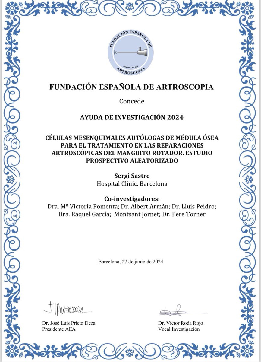 Dr. Sergi Sastre (@drsergisastre) on Twitter photo Gracias a <a href="/aeartroscopia/">AEA</a> por concedernos una beca de investigación para el tratamiento de las lesiones de manguito rotador. Unidad de hombro de <a href="/CotClinic/">Servei COT Hospital Clínic</a> <a href="/hospitalclinic/">Hospital Clínic</a> Gracias a <a href="/aeartroscopia/">AEA</a> por concedernos una beca de investigación para el tratamiento de las lesiones de manguito rotador. Unidad de hombro de <a href="/CotClinic/">Servei COT Hospital Clínic</a> <a href="/hospitalclinic/">Hospital Clínic</a>