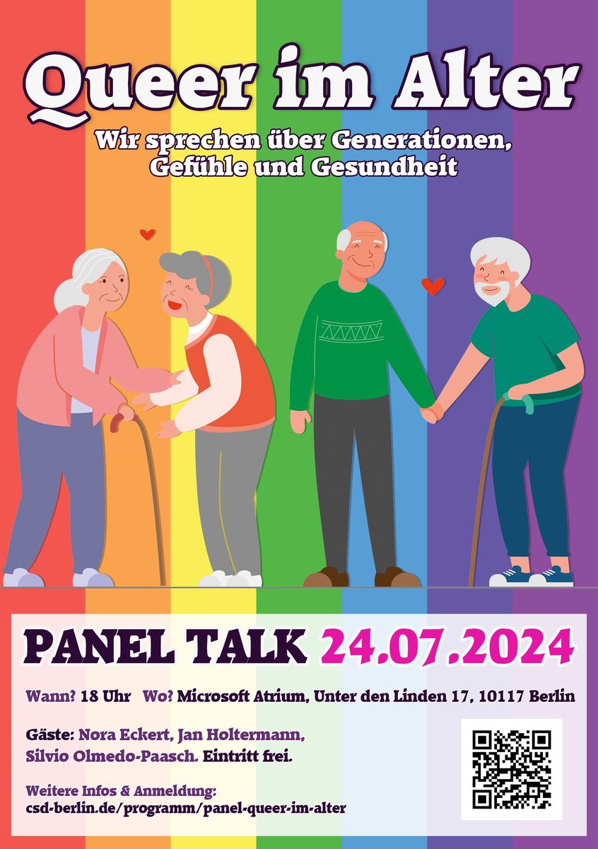 Ok Boomer, diese Diskussion führen wir für euch! Und zwar mit allen Altersgruppen der queeren Communities. Kommt am 24.07. gern vorbei und tretet mit älteren Menschen in Kontakt, fragt, lernt dazu und tauscht euch aus. 🫶

csd-berlin.de/programm/panel…