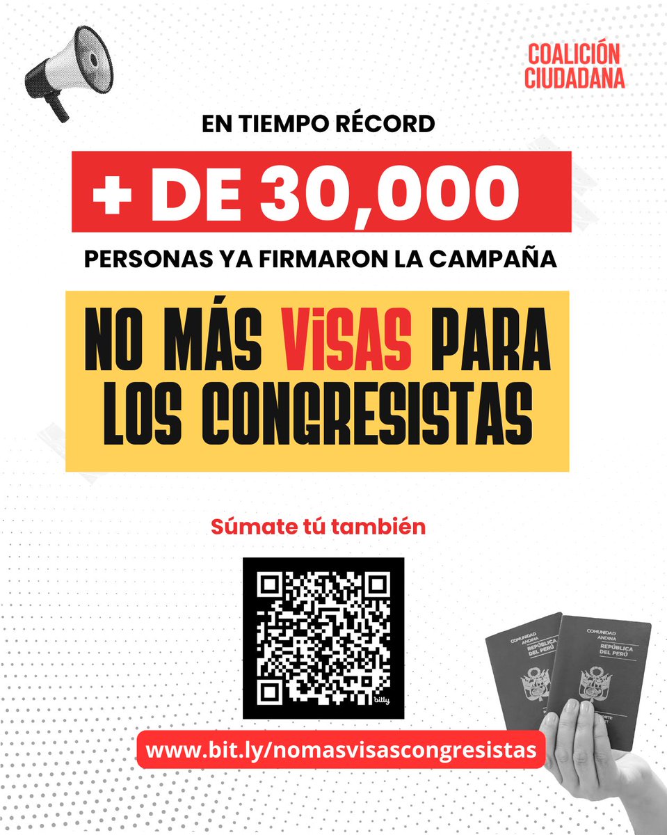 coalicion_pe's tweet photo. 🎉En tiempo récord hemos logrado que más de 30 mil ciudadanos se sumen a la campaña ciudadana #NoMásVisas para los congresistas. Es necesario que nuestras voces sean escuchadas frente al atropello del Congreso. Firma ingresando a nuestra página web: https://t.co/FBGJg1E5RG🔗 https://t.co/sDRCjZ196Z