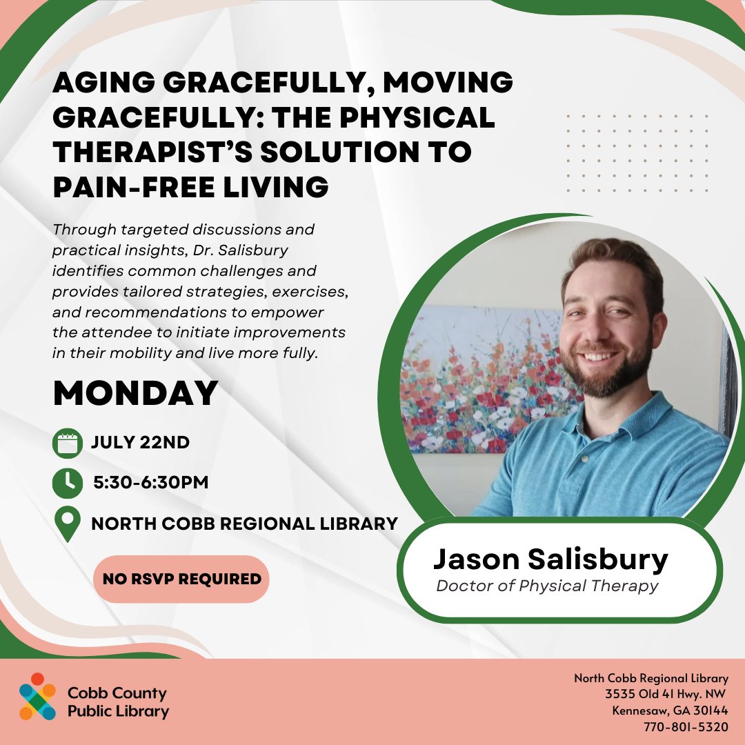 cobbcountygovt's tweet image. If you&apos;ve reached the age where you can pull a muscle in your sleep, you might want to go to this - 
Aging Gracefully, Moving Gracefully. 
5:30-6:30pm Monday, July 22 at North Cobb LIbrary, 3535 Old 41 Hwy, NW, Kennesaw

bit.ly/4bnrAir

#cobblibrary #aging #cobbcounty