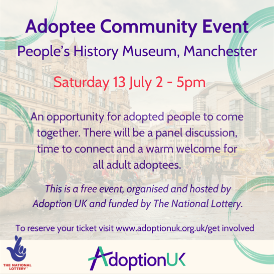Y_Adopt's tweet image. Adoptee Community Event - Manchester | Adoption UK Charity
Adoption UK are holding an event for adopted adults in #Manchester next week.
Follow the link to find out more.
adoptionuk.org/.../adoptee-co…...
#UKAdoption #AdopteeVoice #adopteesconnect #adoptedadult
