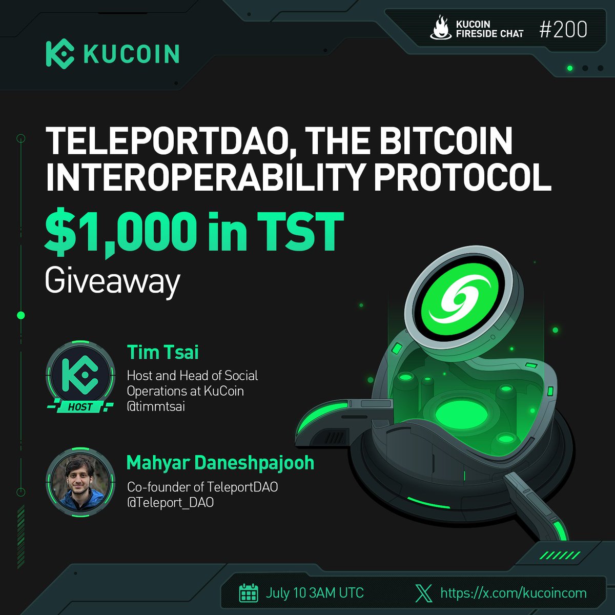 🔥 Tune in for our next #KuCoinFiresideChat as we explore the Bitcoin Interoperability Protocol with @Teleport_DAO!

🎁$1,000 in $TST (10 winners)
1️⃣Follow <a href="/kucoincom/">KuCoin</a> &amp; @Teleport_DAO
2️⃣RT, ♥️, tag 2 friends
3️⃣Subscribe to KuCoin's Youtube Channel: youtube.com/c/KuCoinExchan… 
4️⃣Fill