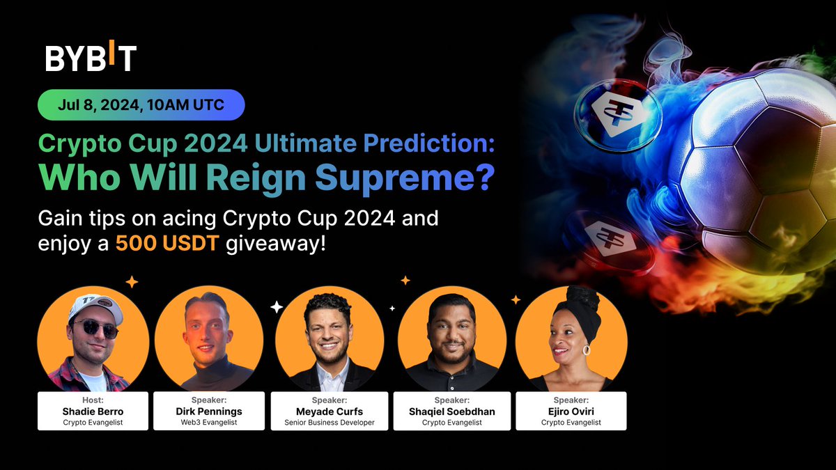 Bybit_Official's tweet image. ⏰ #CryptoCup2024 - The Ultimate Showdown is going live in one hour!

📅 Join us at 10AM UTC for an electrifying livestream with the biggest fanatics from our Office ByBuddies.

✅ Grab a share of the 500 $USDT giveaway: i.bybit.com/1Wab3V2b