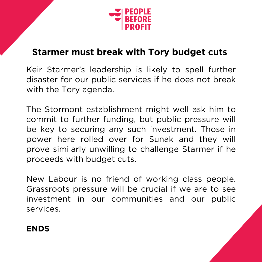 GerryCarrollPBP's tweet photo. Starmer's leadership will be disastrous for our public services if he tails the Tories as expected.

Today's Stormont photo-op will not hide this basic fact: New Labour are no friends of working class people.

Grassroots pressure will be key to preventing budget cuts. https://t.co/iPTJHkjSTt