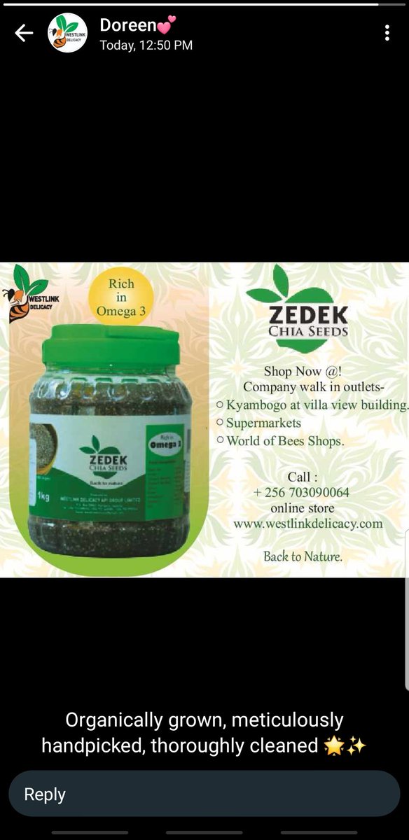 WestlinkD's tweet photo. Organically grown, meticulously handpicked, thoroughly cleaned🍀
.
Our chia seeds are available in different sizes from as low as 5,000 shillings.
.
Dm or call/WhatsApp 0703009064 for details.
#westlinkdelicacy
#chiaseeds #backtonature #organicfood #chiapudding #zedekchiaseeds https://t.co/iaOhn64HJg