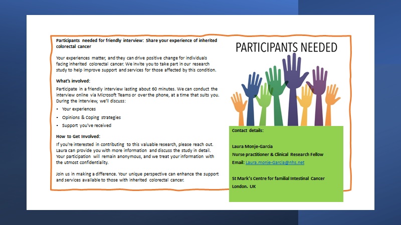 Lauramonje 💙 (@lauramongar) on Twitter photo 📢 Participants needed for a friendly interview!🧬
Do you use NHS services in the UK and:
🌈 Have you been offered genetic testing for inherited colorectal cancer? (awaiting results/undecided)
🌈 Have an inherited cancer syndrome like #Lynch or #Polyposis?
📧 Contact Laura at 📢 Participants needed for a friendly interview!🧬
Do you use NHS services in the UK and:
🌈 Have you been offered genetic testing for inherited colorectal cancer? (awaiting results/undecided)
🌈 Have an inherited cancer syndrome like #Lynch or #Polyposis?
📧 Contact Laura at