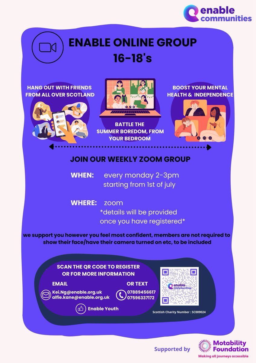 New virtual groups for young people aged 16-18 🤩.

Join each Monday from 2pm-3pm if you enjoy getting involved in fun activities and meeting new friends!

If you or a loved one would like to get involved, contact <a href="/Keiyiu_enable/">Keiyiu_enable</a> or <a href="/alfie_enable/">Alfie Enable</a> using the contact details below😊.