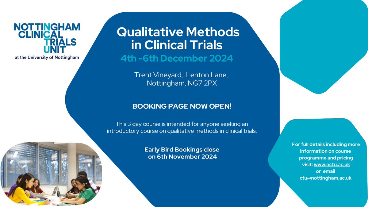 Our Qualitative Methods in Clinical Trials course is now open for booking. This takes place from 4-6 December 2024. Early bird rates apply up to 6 November 2024. To book, please see store.nottingham.ac.uk/conferences-an…